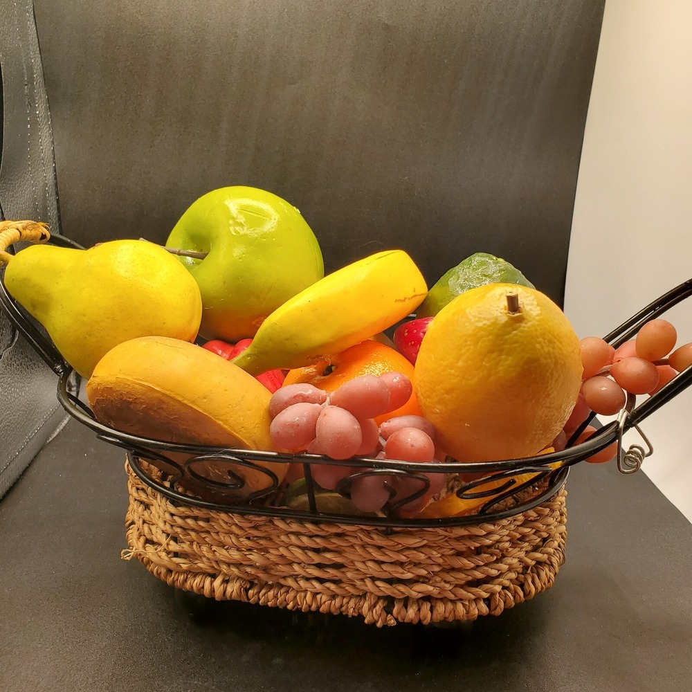 Large Bundle of Decorative Artificial Fake Fruit in Footed Basket Realistic Qual